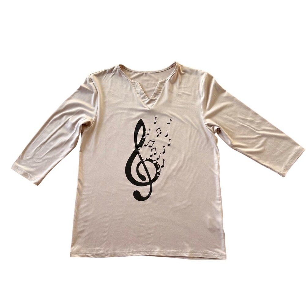 Treble Clef Music Note Top Size S Beige Graphic Shirt 3/4 Length Sleeve Tee